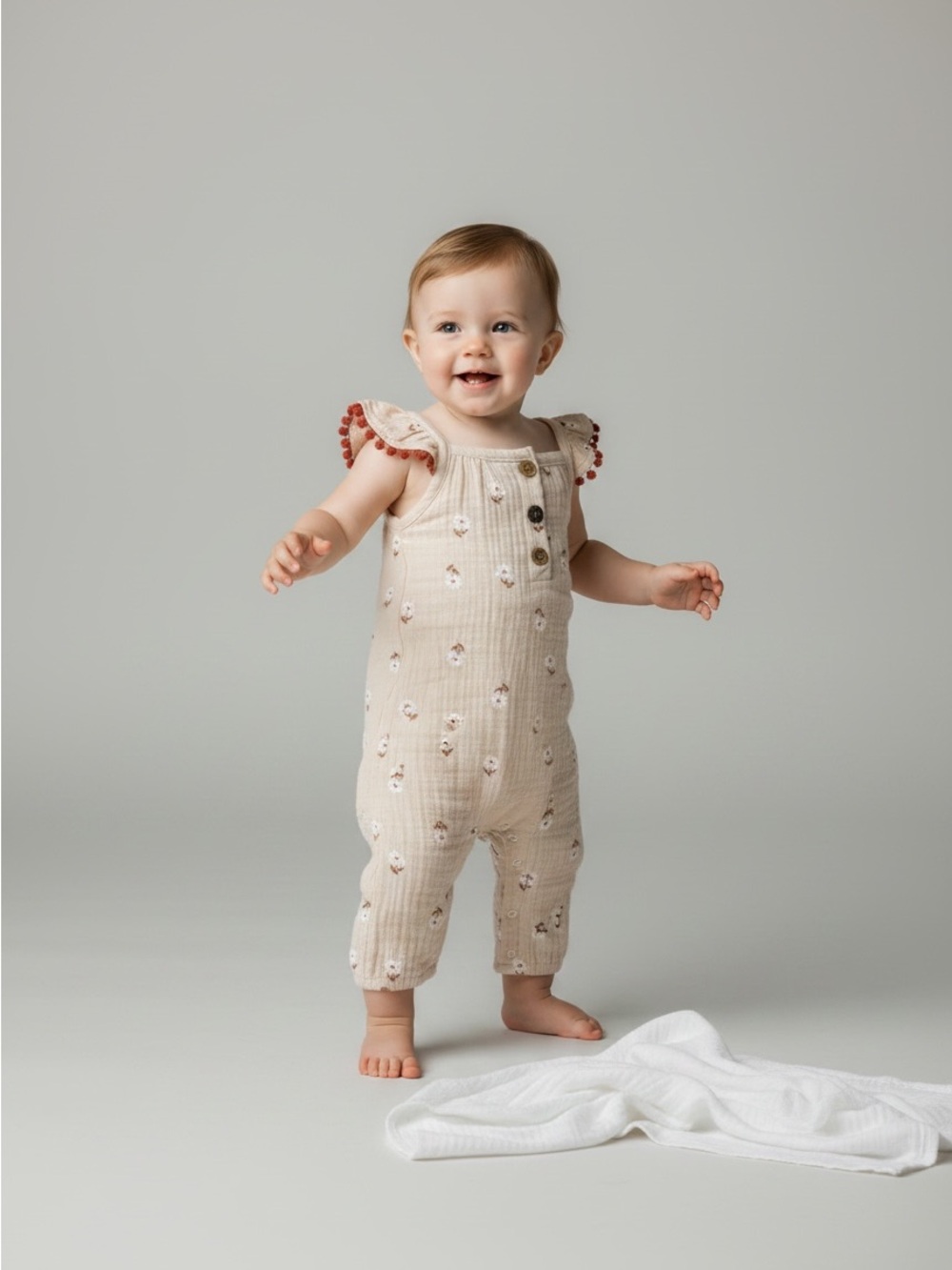 Rachel Zoe Beige Floral Cotton Romper with Rust Trim NWT 0-3 months